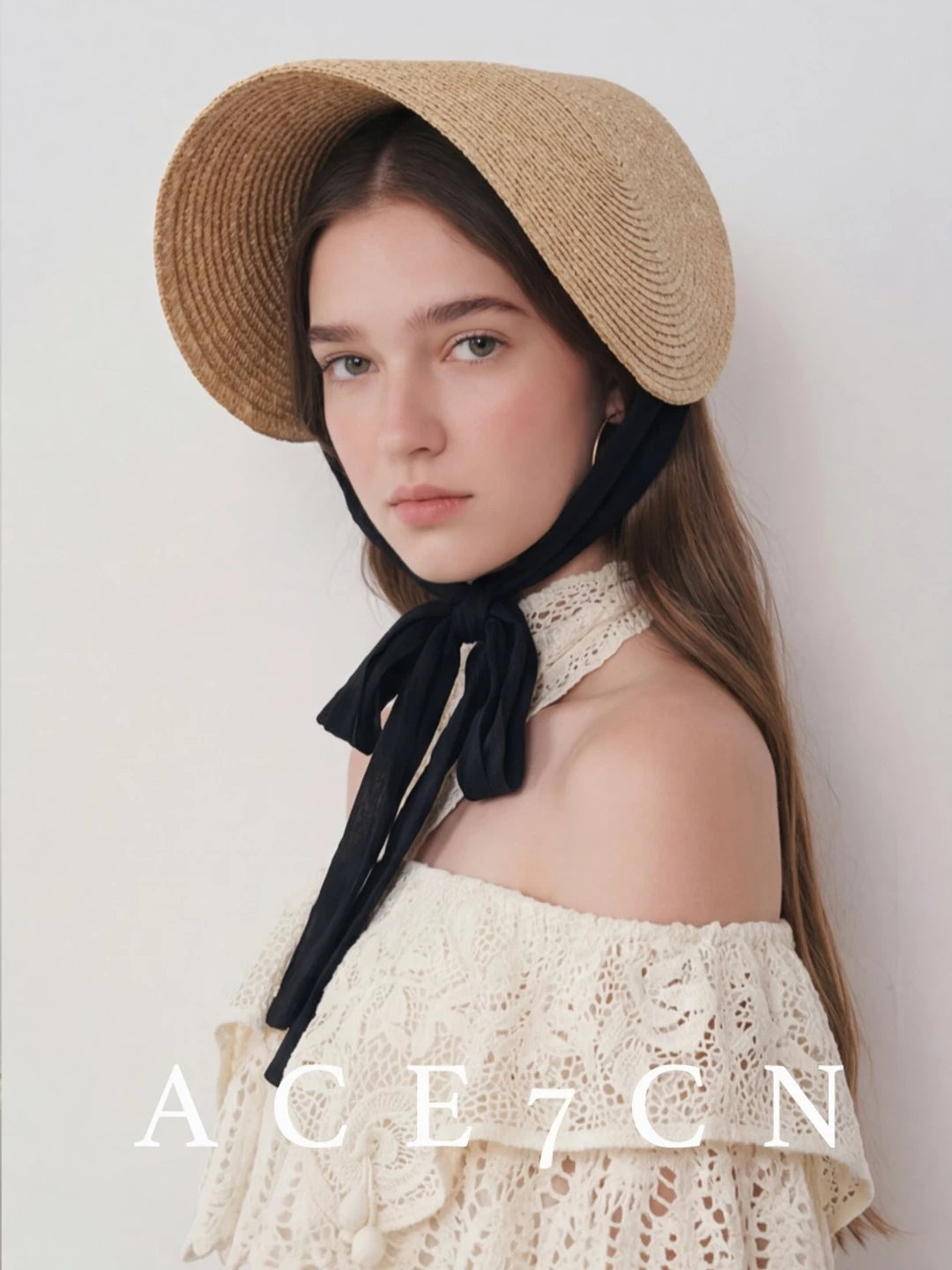 Tie-Strap One-Piece Wheat-Straw Hat — ACE7CN
