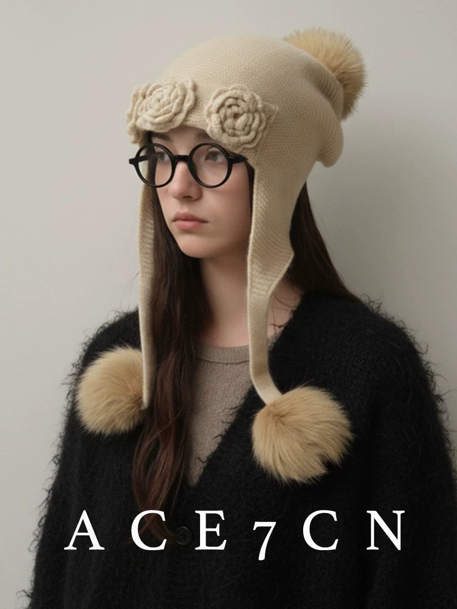 Flower-Embellished Cashmere Ear-Flap Beanie — ACE7CN