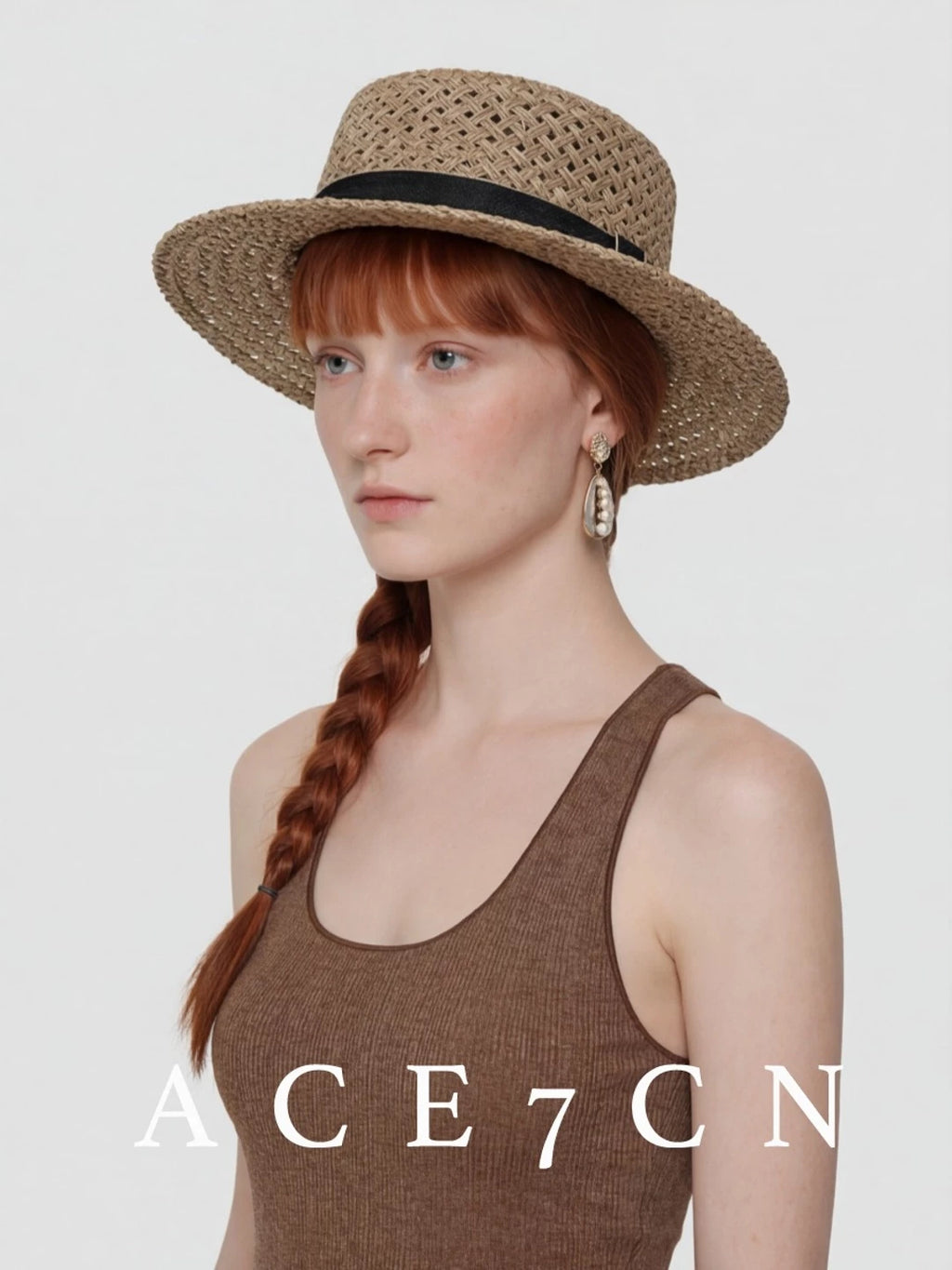 Openwork Flat-Brim Seagrass Fedora — ACE7CN