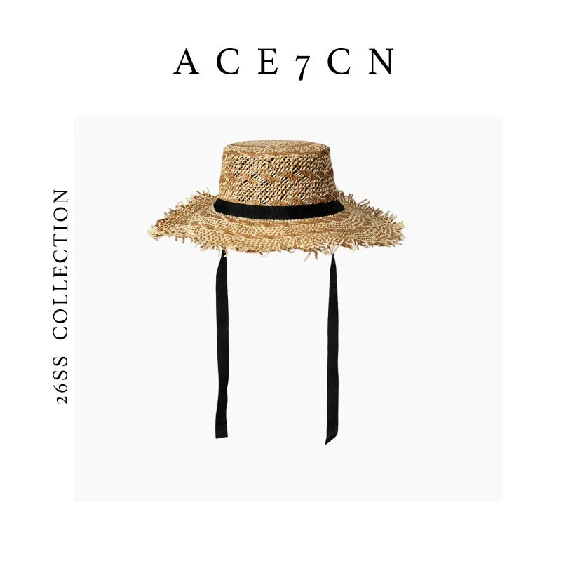 Tie-Strap Wide-Brim Straw Hat — ACE7CN