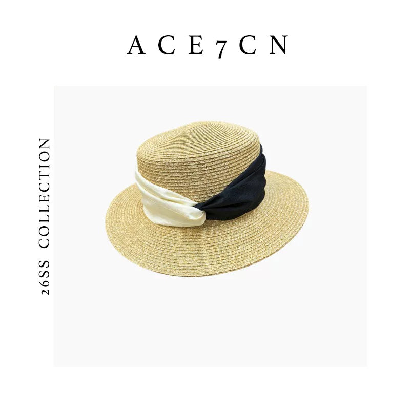 Contrast Ribbon Flat-Top Straw Boater — ACE7CN
