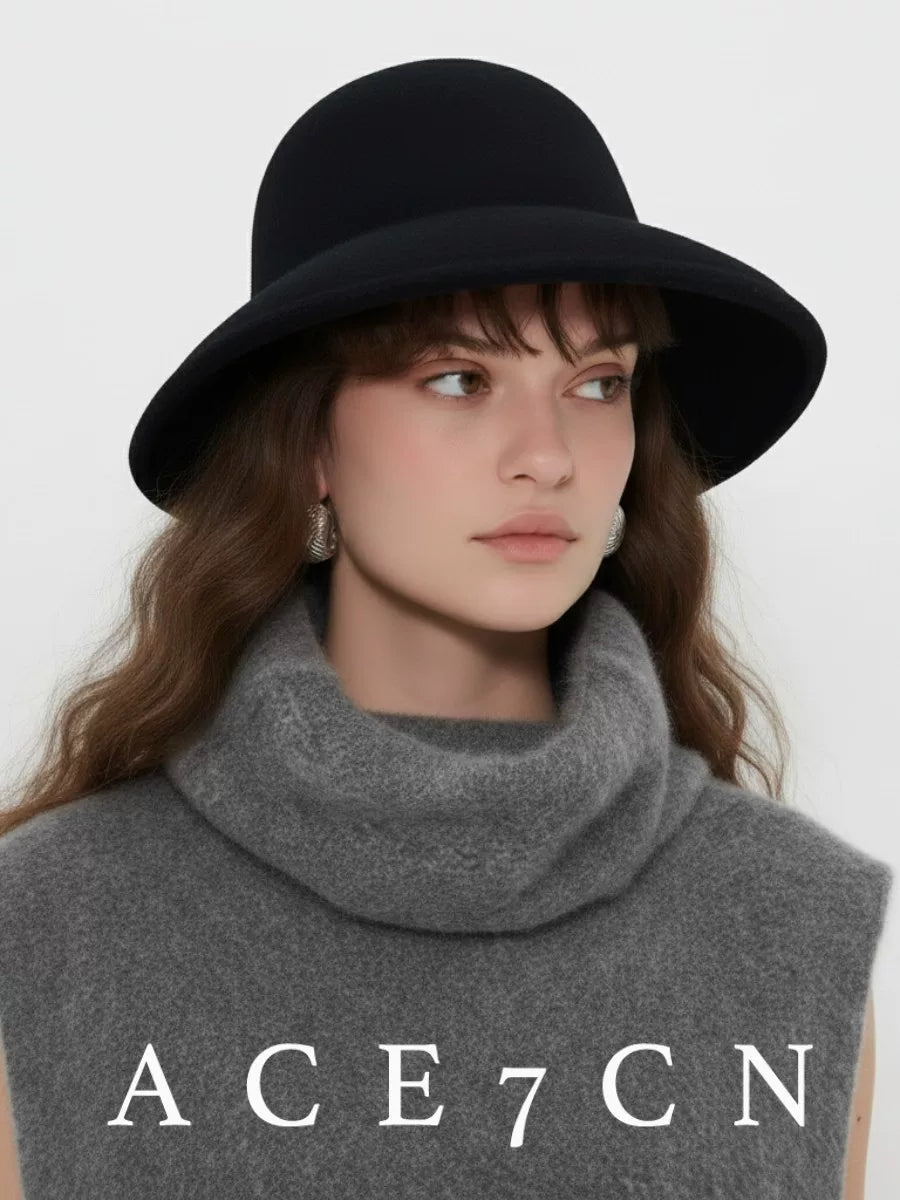 British Vintage Wide-Brim Wool Dress Hat Hepburn Cloche