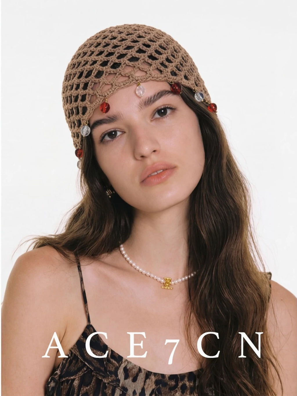Gem-Pendant Openwork Knit Beanie — ACE7CN