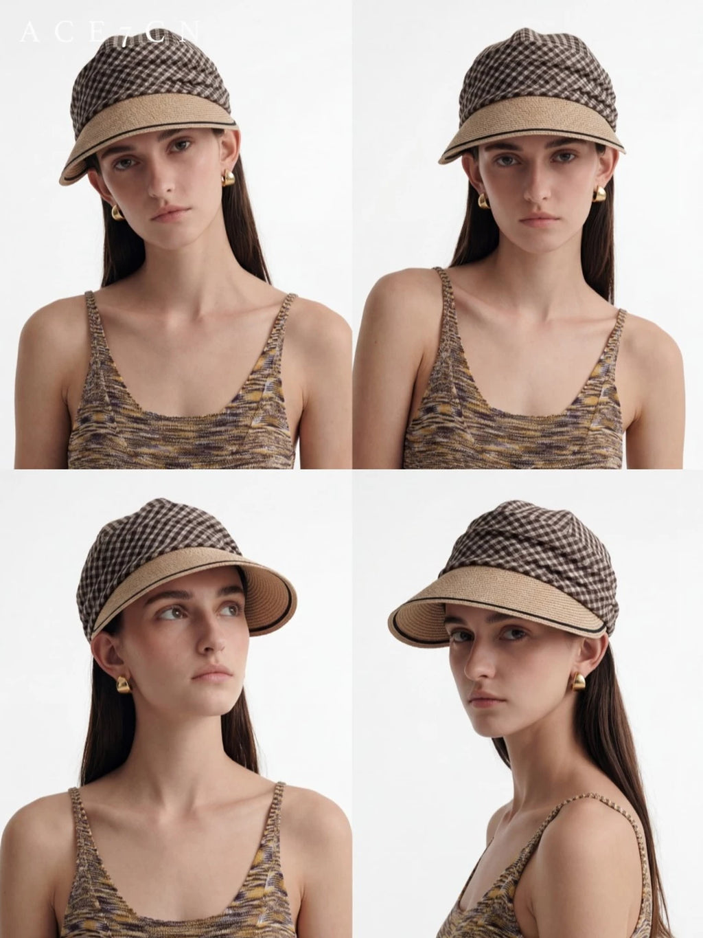 Pleated Plaid Straw-Panel Sun Hat — ACE7CN