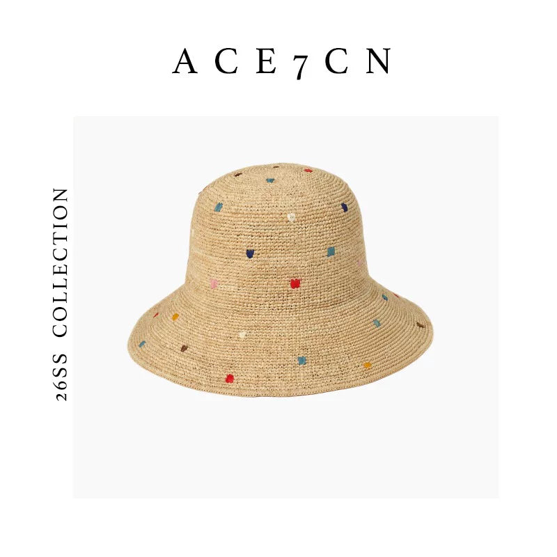 Embroidered Multi-Dot Raffia Bucket Hat — ACE7CN