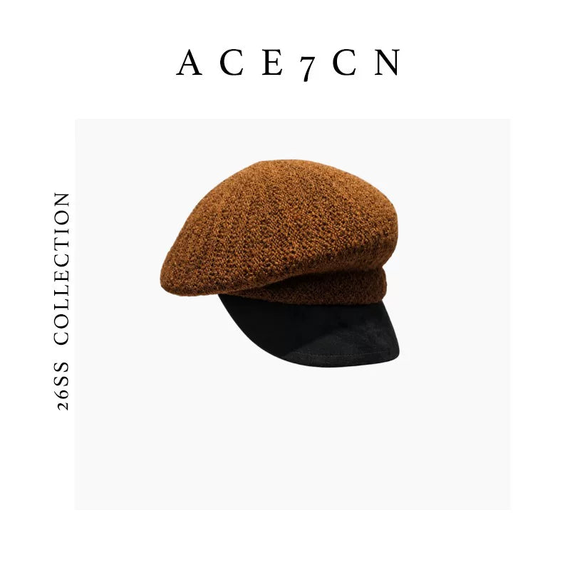Leather-Peak Knit Newsboy Cap — ACE7CN