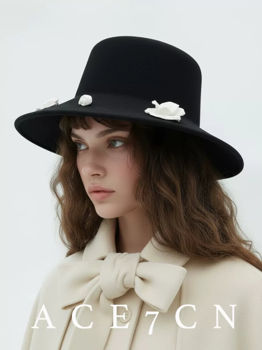 100 Wool Camellia Hepburn Dress Hat French Elegant