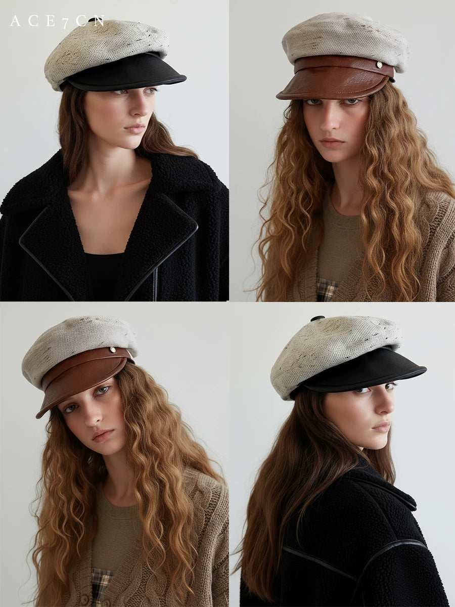 Woven Leather-Trim Newsboy Cap — ACE7CN