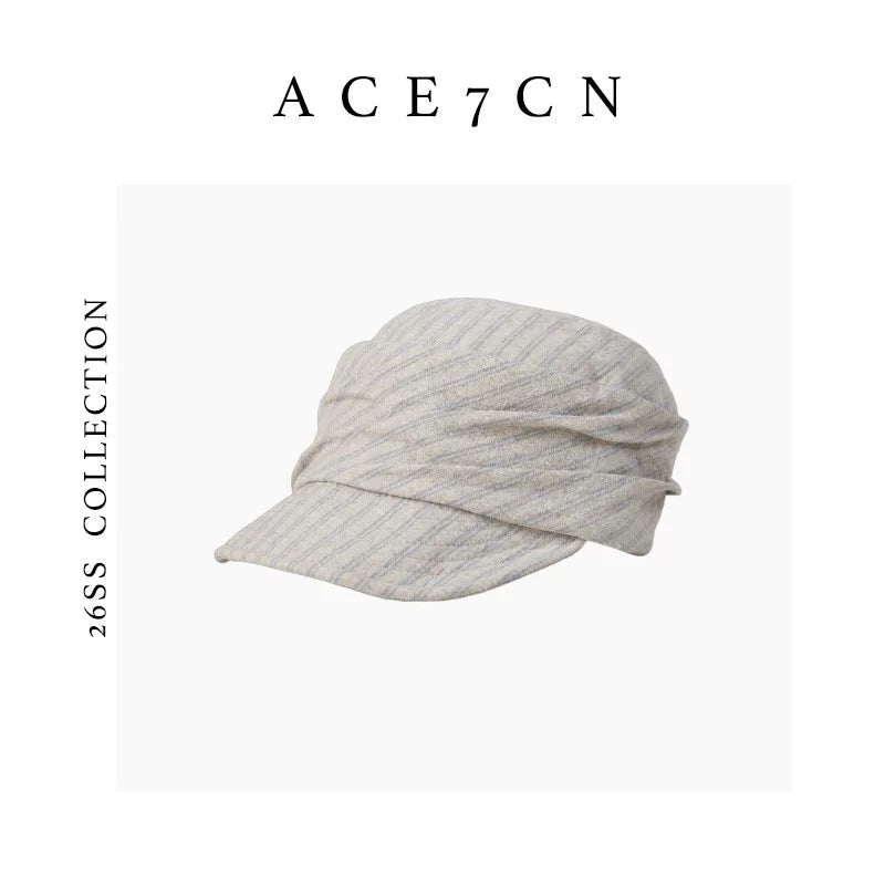 Pleated Striped Cotton-Linen Newsboy Cap — ACE7CN