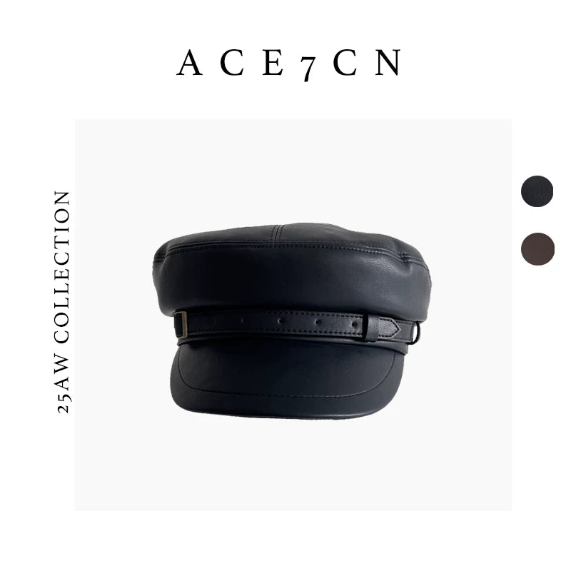 Metal-Buckle Leather Newsboy Cap — ACE7CN