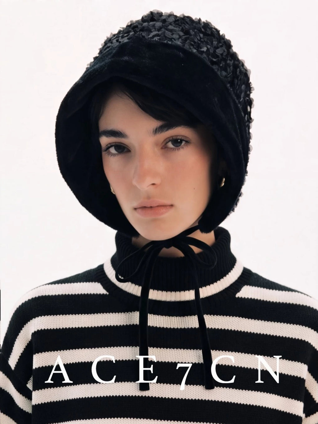 Hepburn French Estate Hat One-Piece Fluffy Tie-Strap Face-Slimming