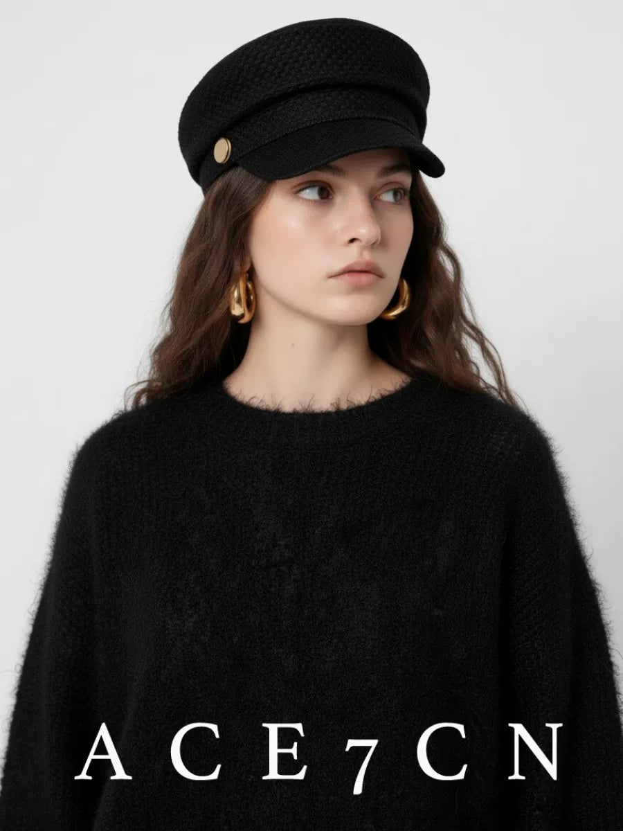Gold-Buckle Tweed Newsboy Cap — ACE7CN