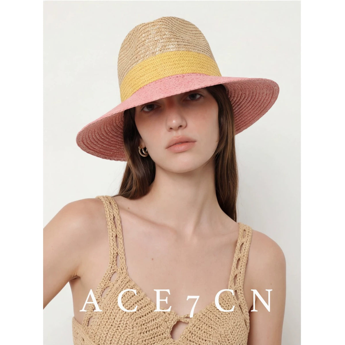 Tri-Color Wide-Brim Wheat-Straw Fedora — ACE7CN