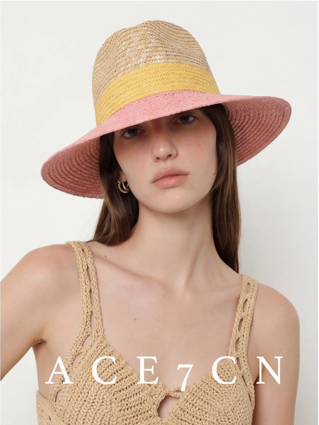 Tri-Color Wide-Brim Wheat-Straw Fedora — ACE7CN