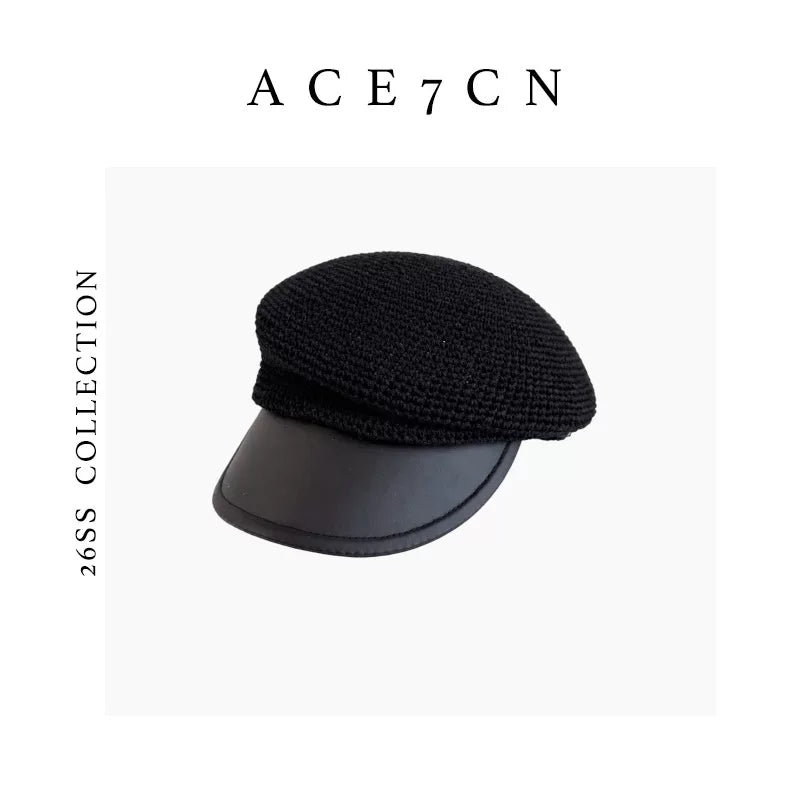 Leather-Peak Straw Newsboy Cap — ACE7CN