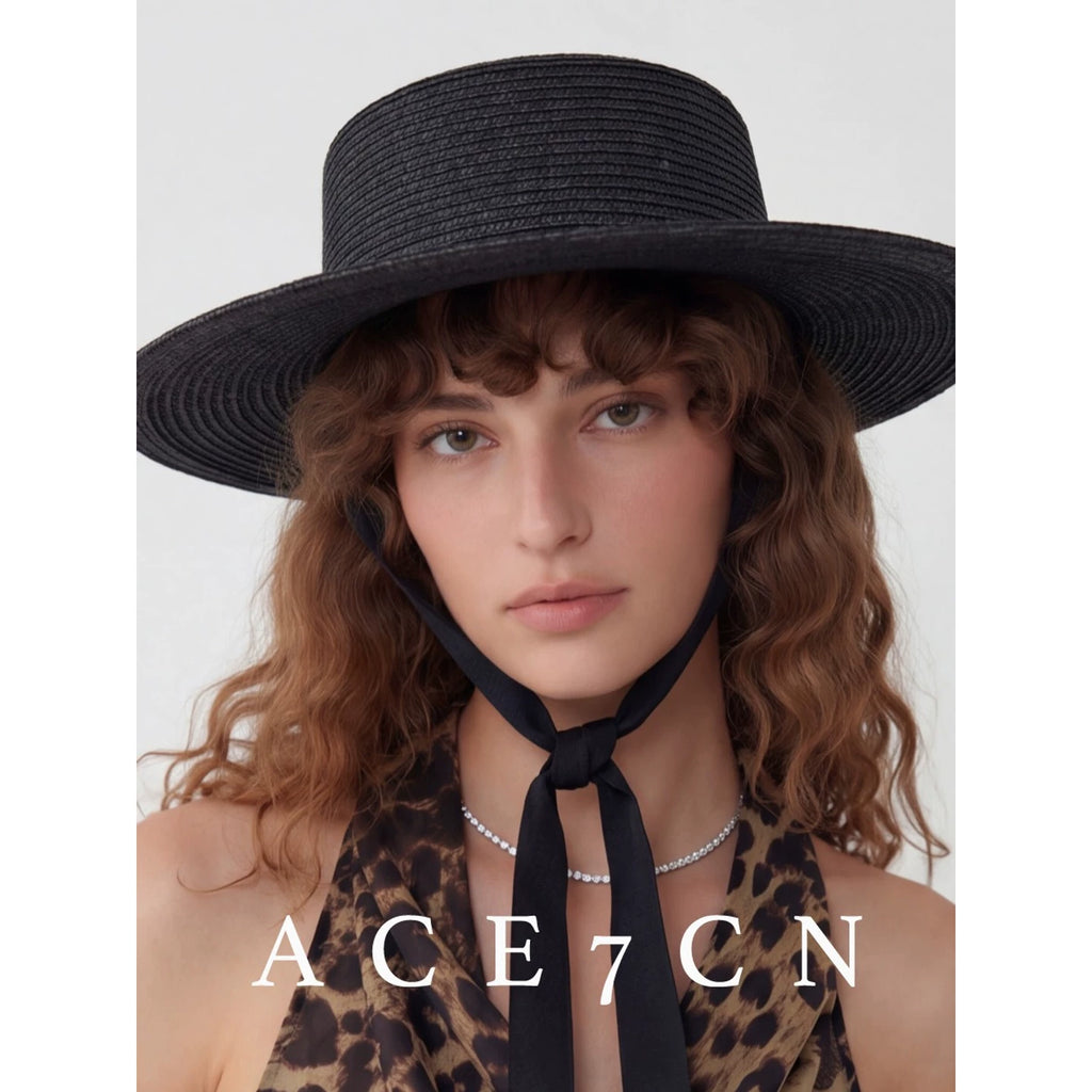 Black Tie-Strap Wide-Brim Straw Fedora — ACE7CN