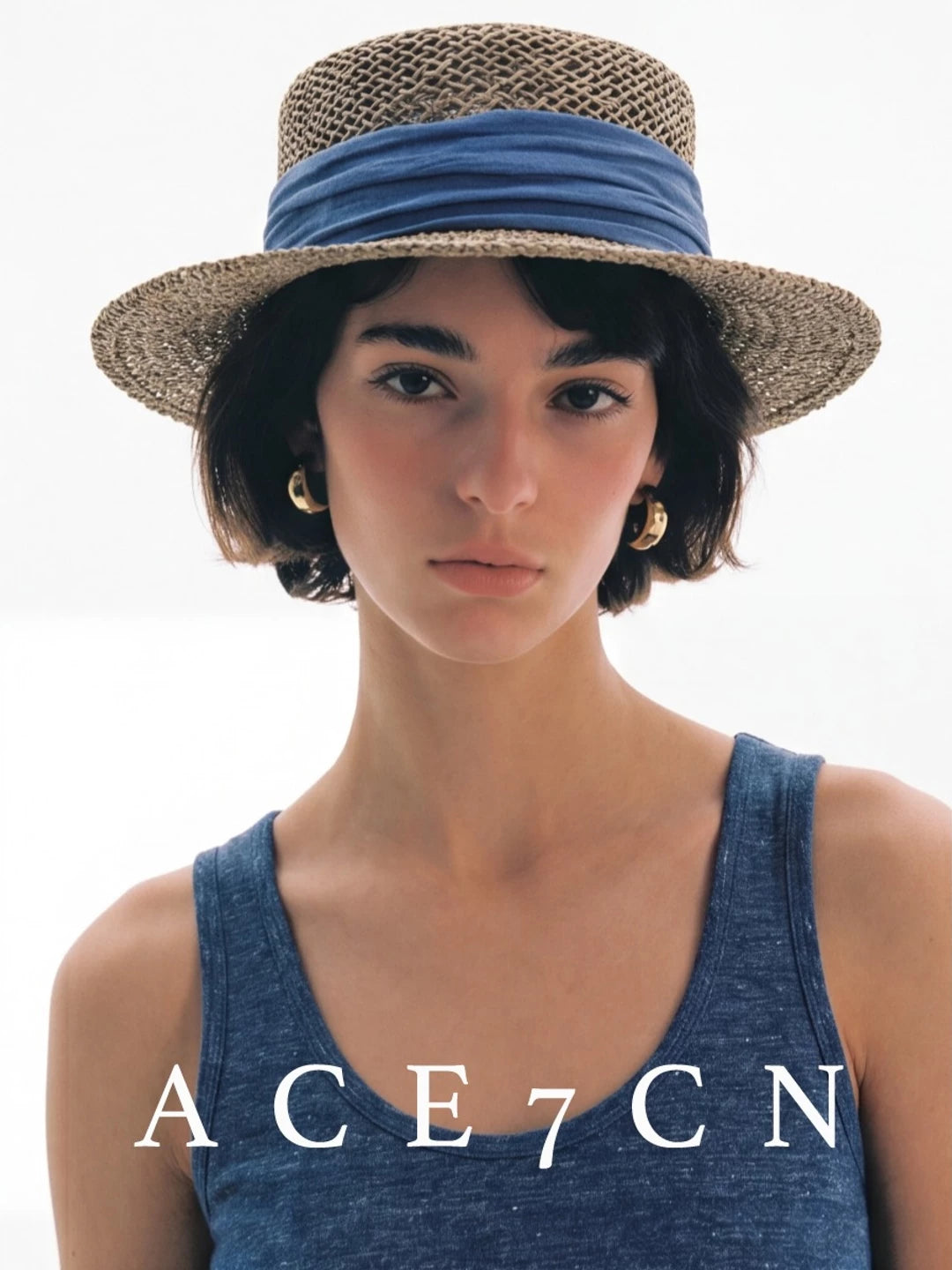 Ribbon-Trim Seagrass Flat-Top Boater — ACE7CN