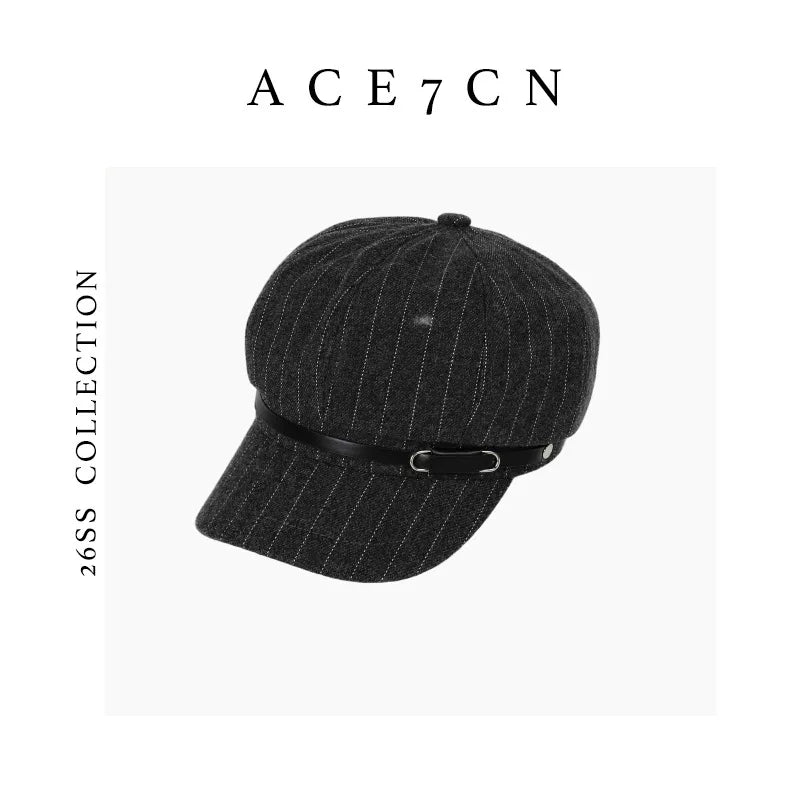 Leather-Buckle Striped Newsboy Cap — ACE7CN