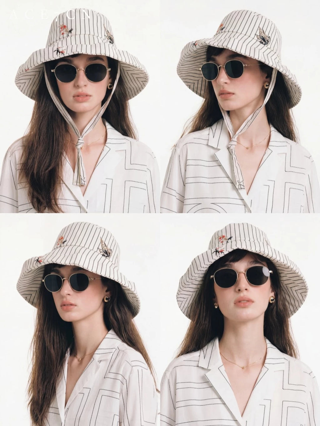 Embroidered Striped Wide-Brim Bucket Hat — ACE7CN