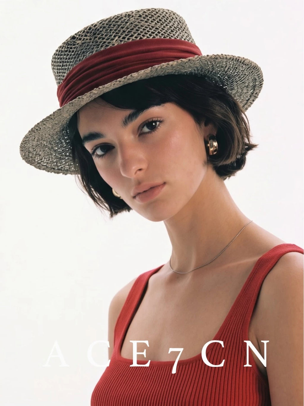 Ribbon-Trim Seagrass Flat-Top Boater — ACE7CN
