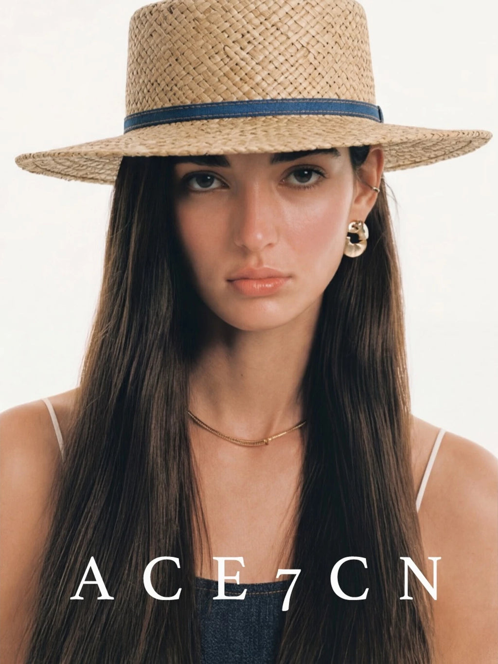 Denim-Band Seagrass Flat-Top Boater — ACE7CN