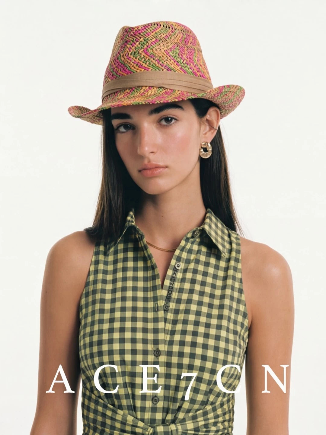 Multicolor-Yarn Straw Western Fedora — ACE7CN