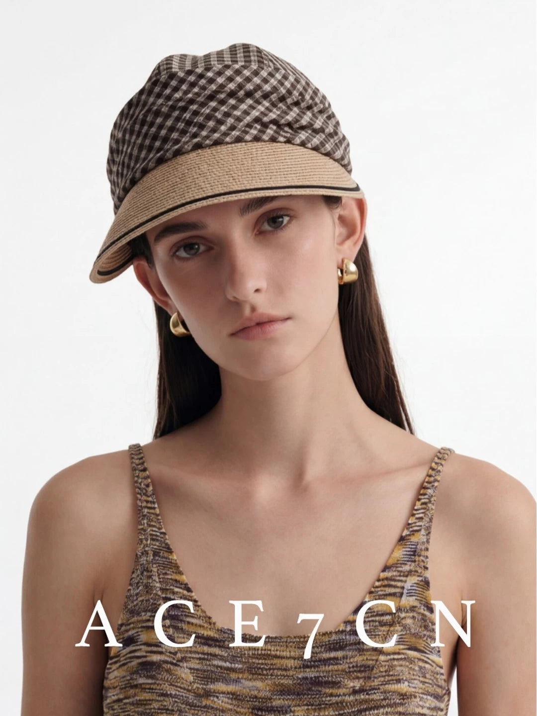 Pleated Plaid Straw-Panel Sun Hat — ACE7CN