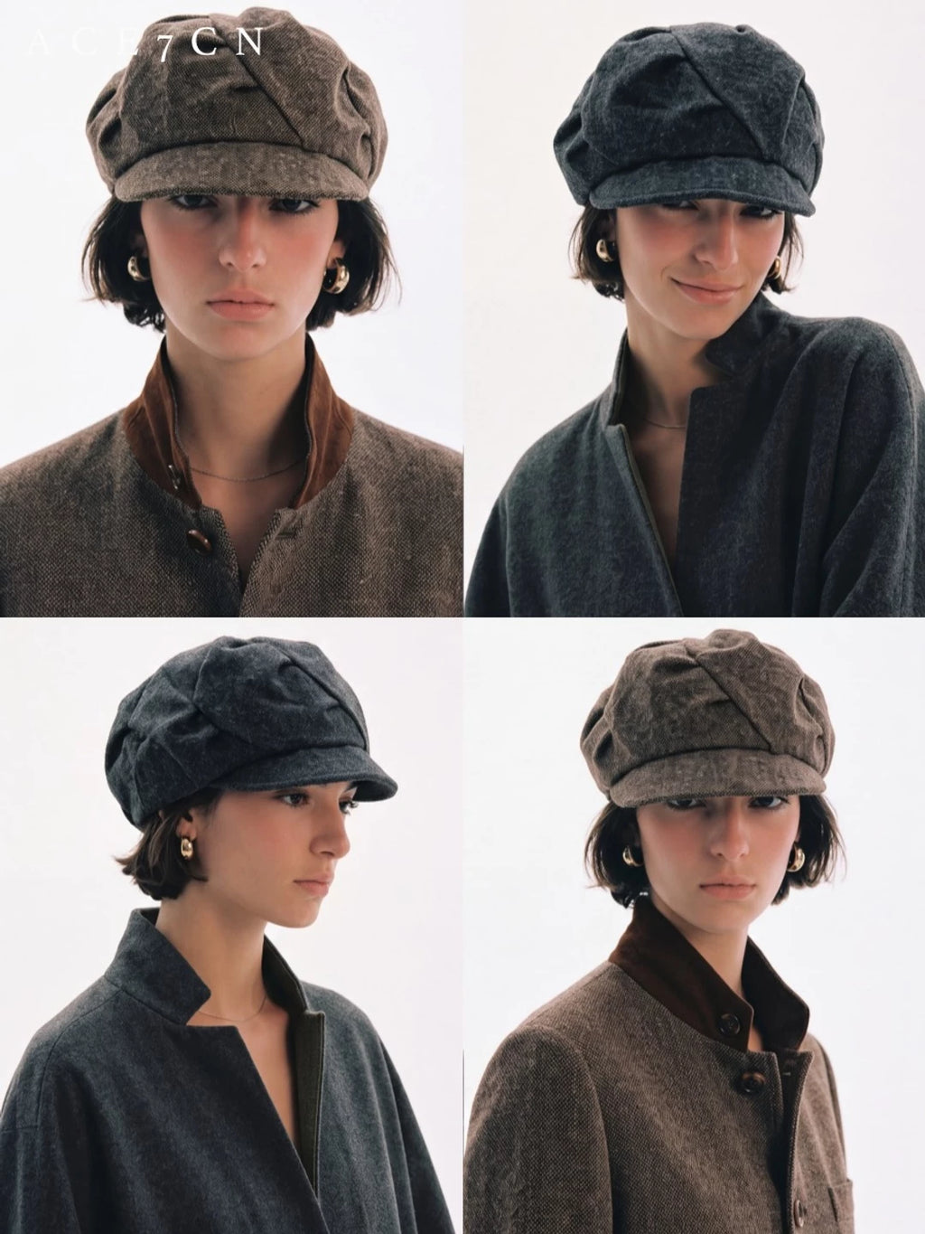 Twisted-Pleat Wool Tweed Newsboy Cap — ACE7CN