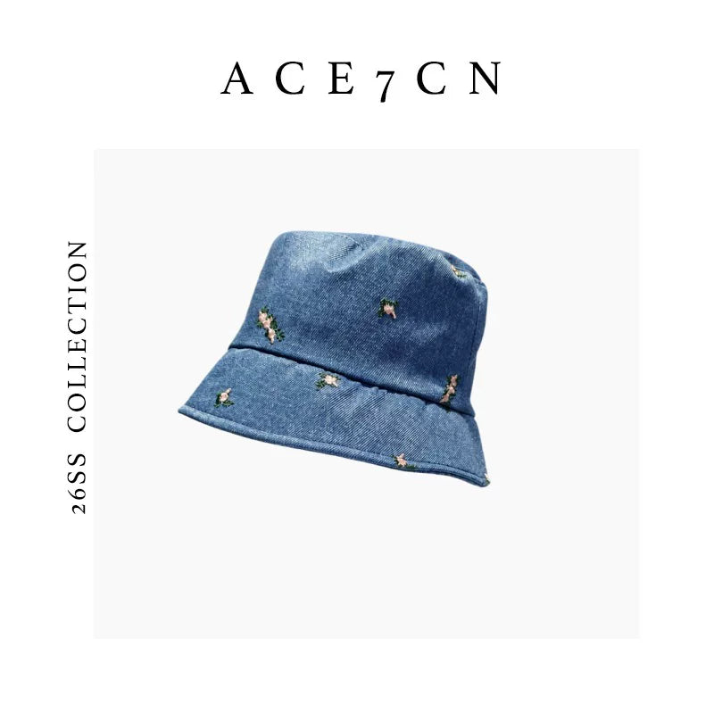 Floral-Embroidered Denim Bucket Hat — ACE7CN
