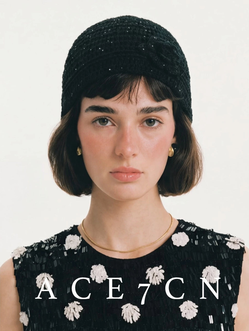 Crochet-Flower Glitter Knit Beanie — ACE7CN