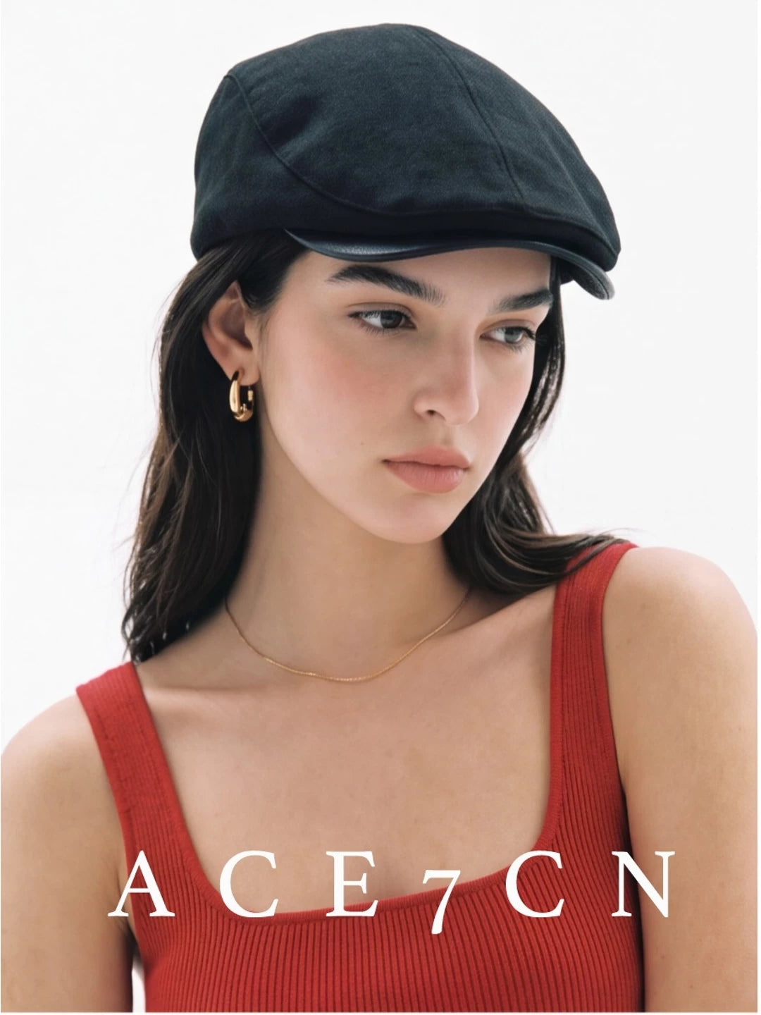 Leather-Peak Fabric Flat Cap — ACE7CN