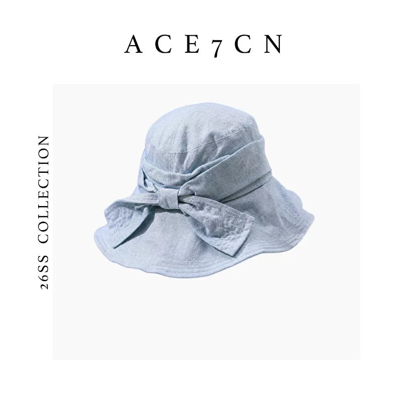 Bow-Detail Wide-Brim Linen Bucket Hat — ACE7CN