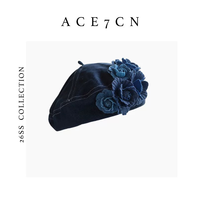 Floral Washed-Denim Painter Beret — ACE7CN