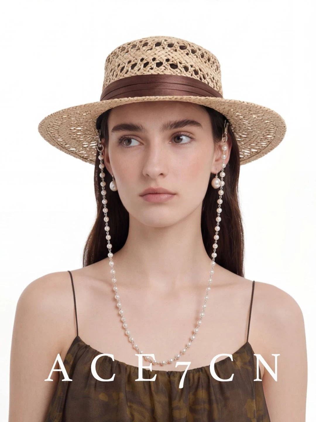 Pearl-Chain Openwork Straw Western Hat — ACE7CN