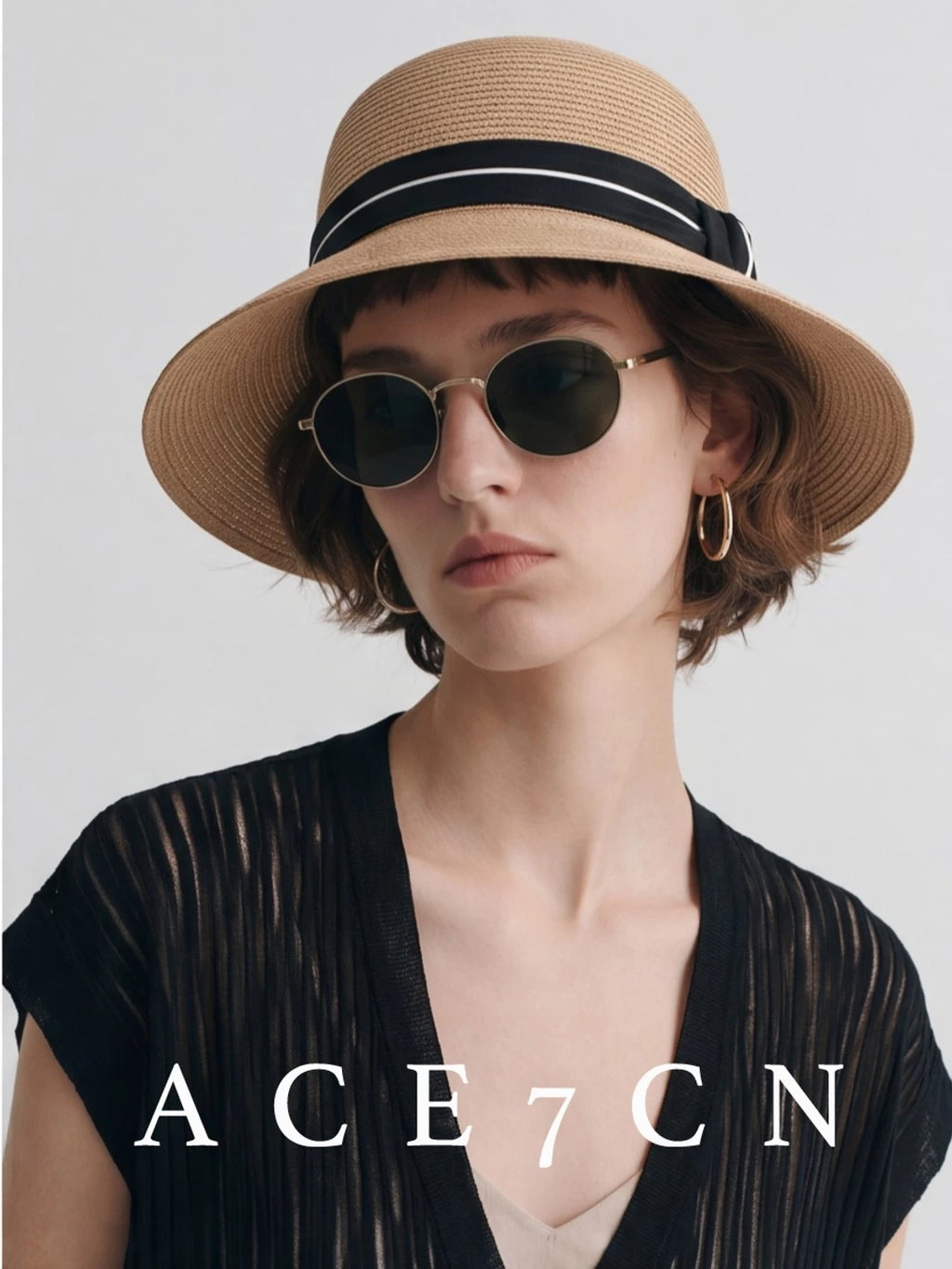 Ribbon-Trim Wide-Brim Straw Bucket Hat — ACE7CN