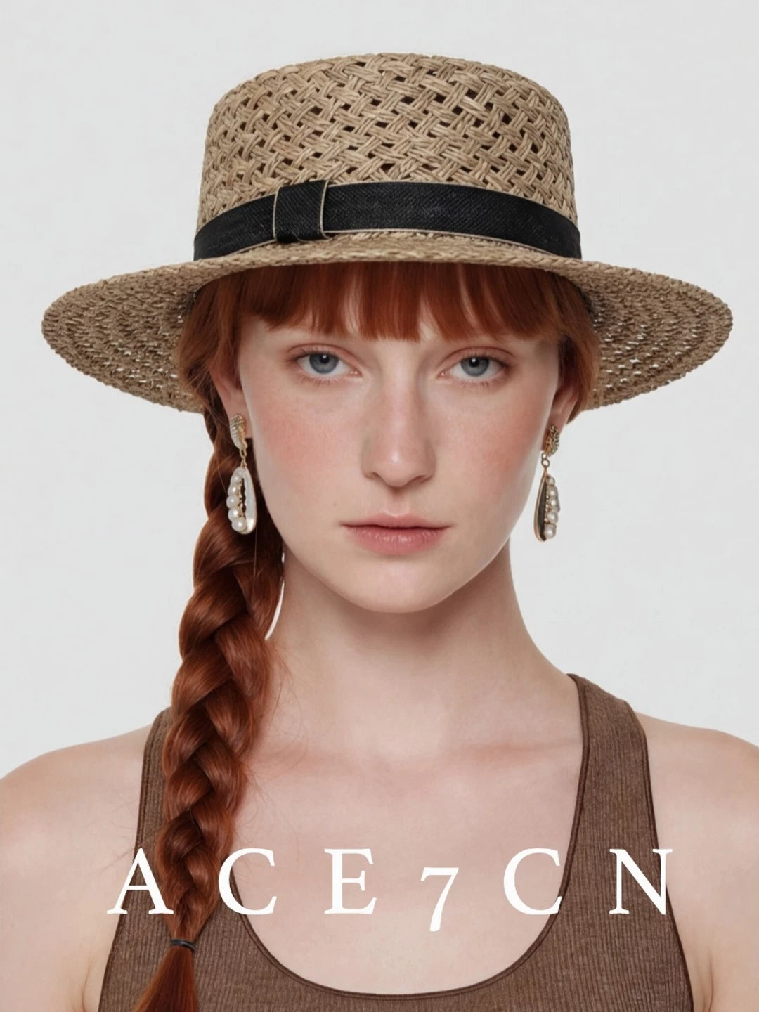 Openwork Flat-Brim Seagrass Fedora — ACE7CN