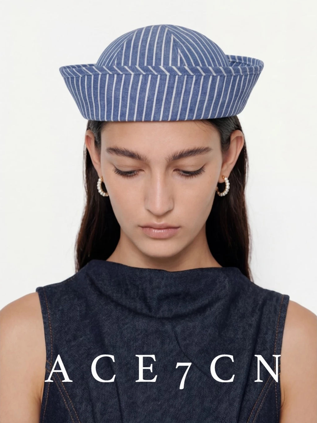 Striped Roll-Brim Cotton Sailor Hat — ACE7CN