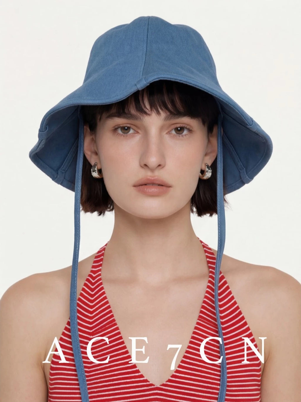 Tie-Strap Washed Denim Bucket Hat — ACE7CN