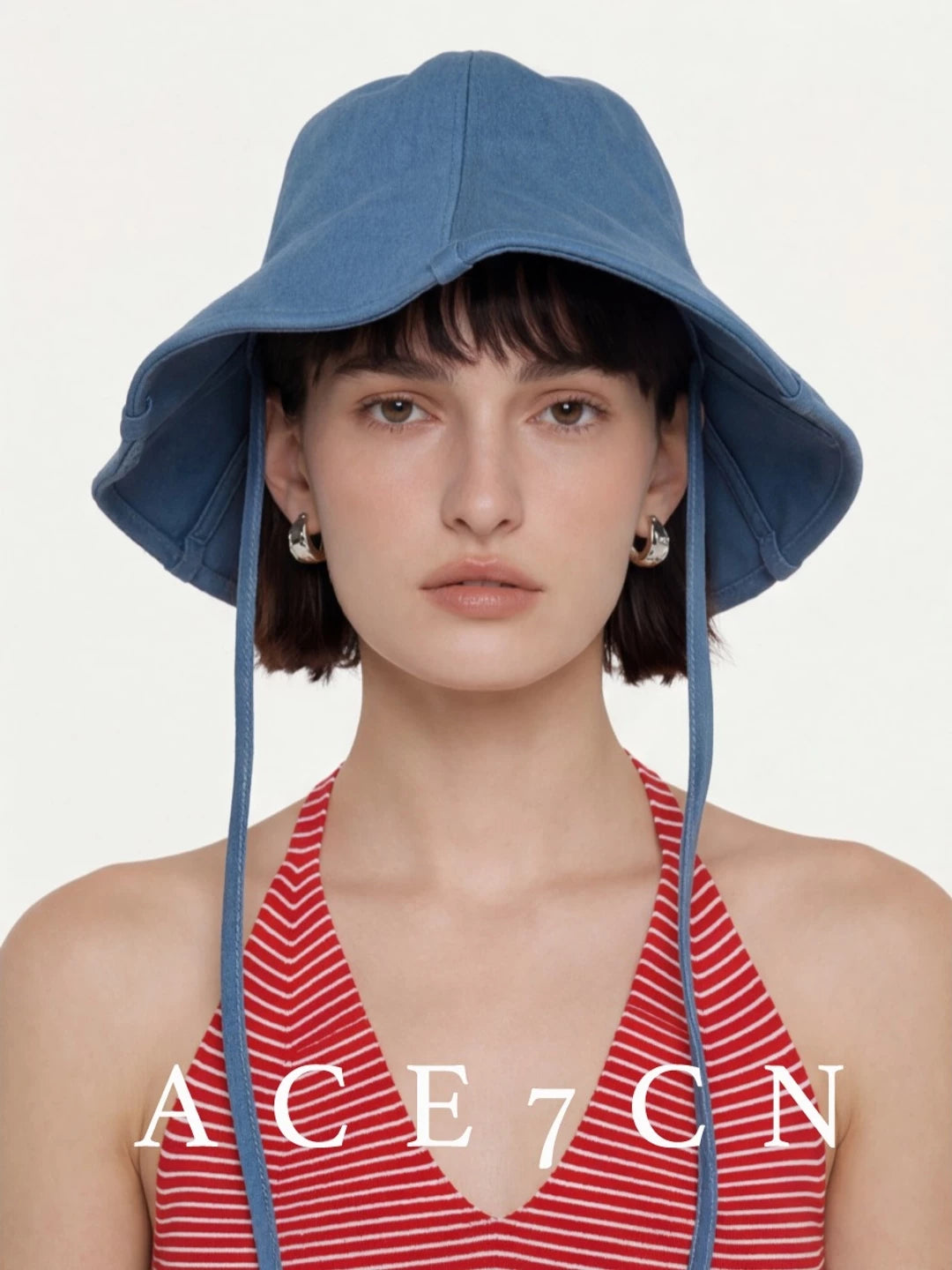 Tie-Strap Washed Denim Bucket Hat — ACE7CN