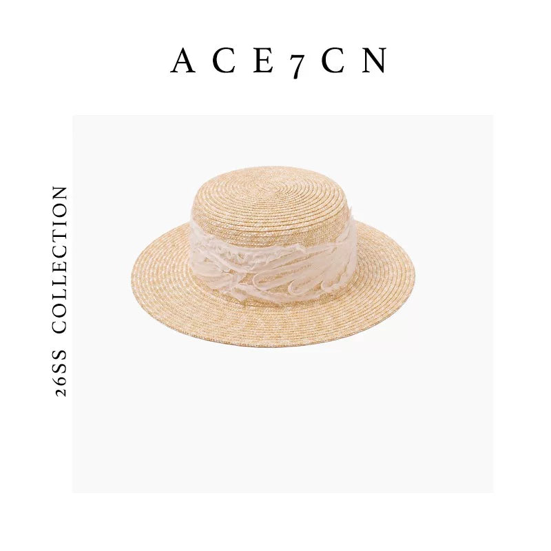 Tulle-Trim Wheat-Straw Hat — ACE7CN