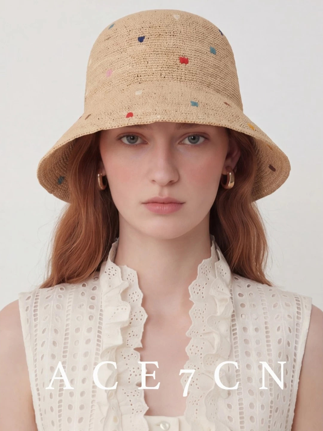 Embroidered Multi-Dot Raffia Bucket Hat — ACE7CN