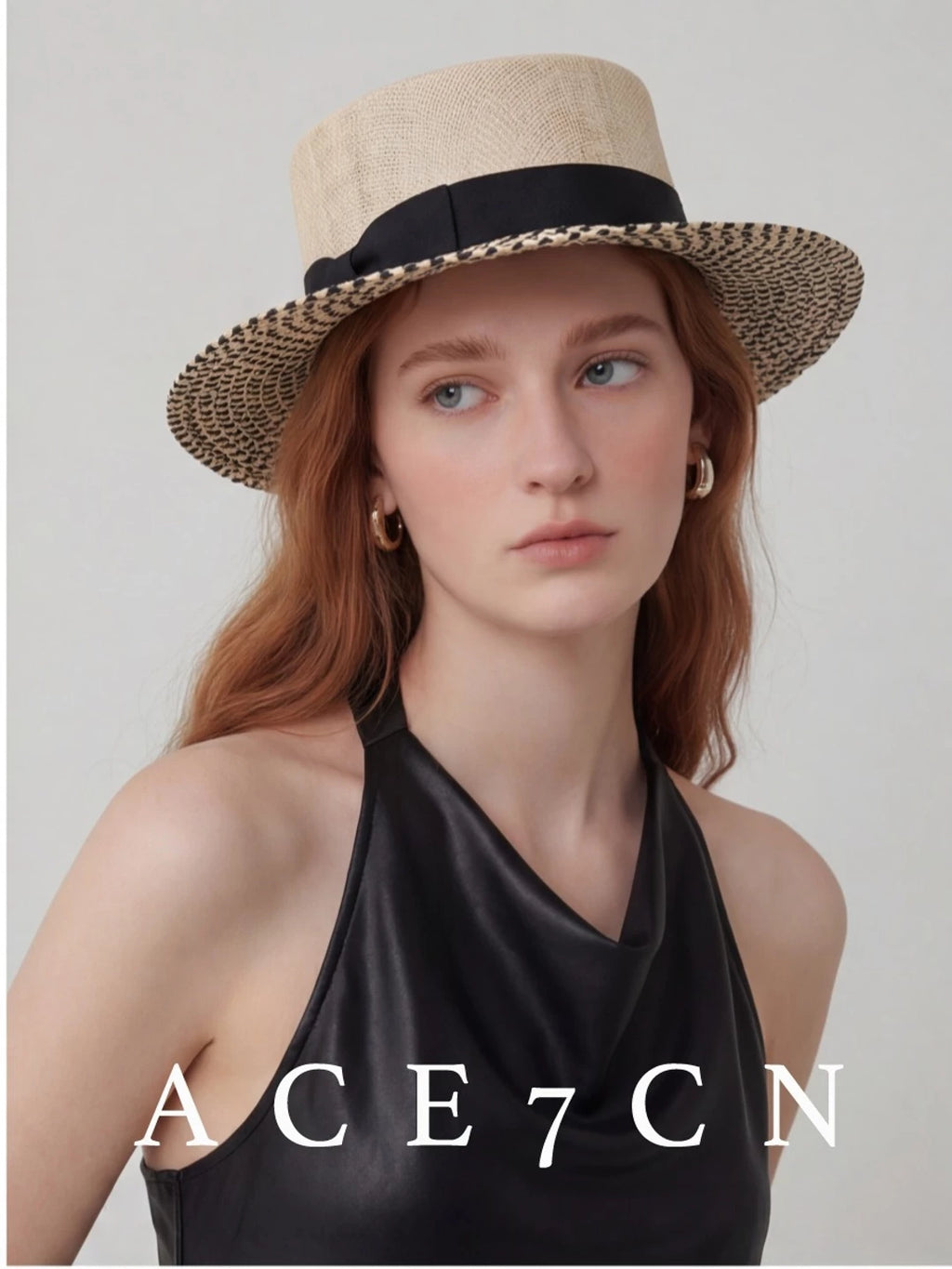 Two-Tone Wheat-Straw Flat-Top Boater — ACE7CN