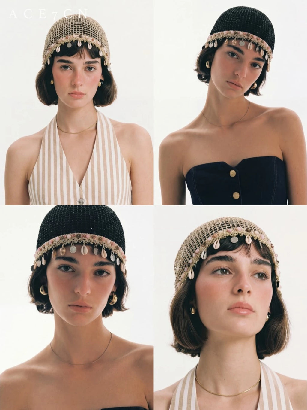 Shell-Pendant Openwork Head Scarf Hat — ACE7CN