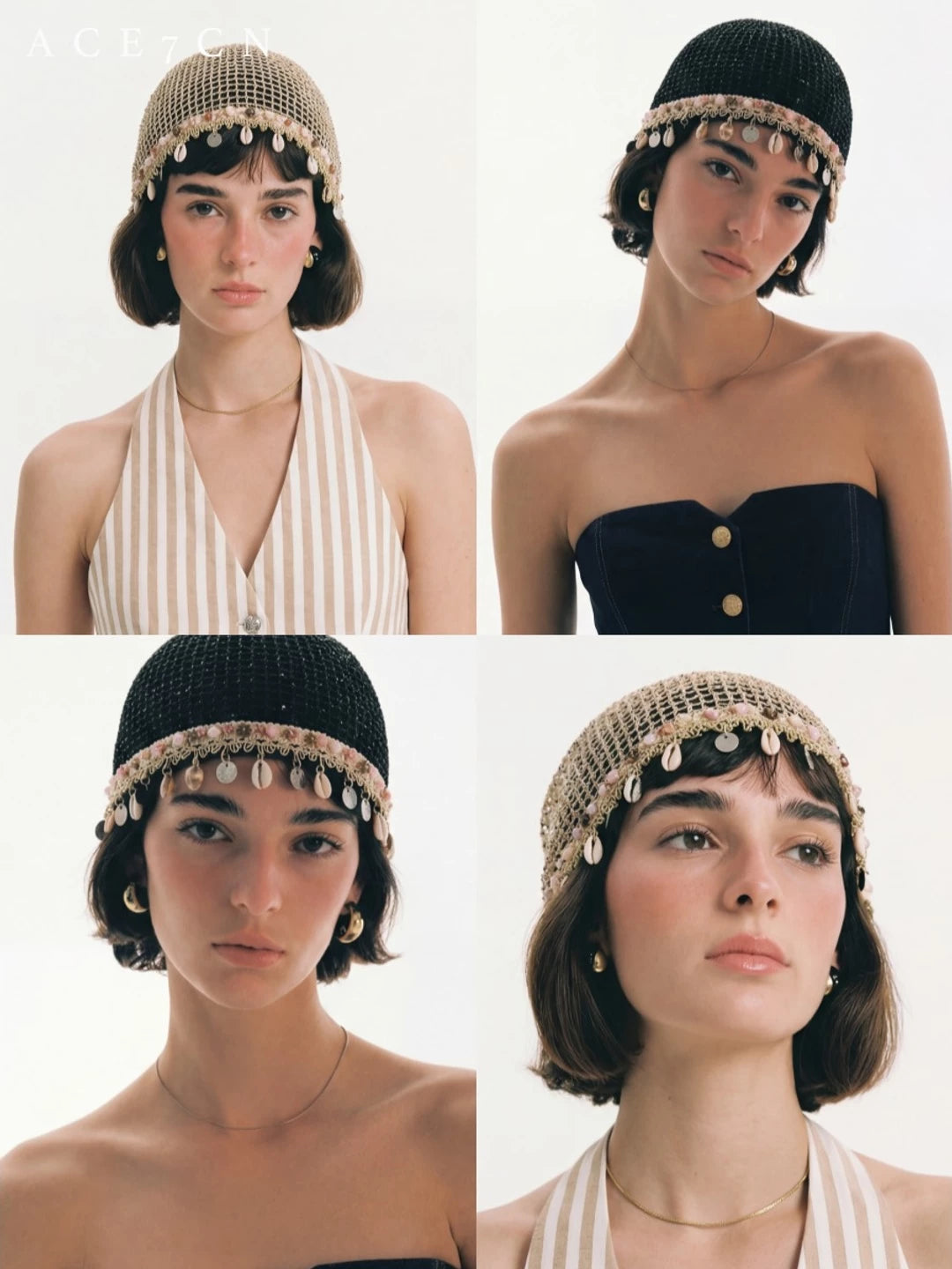 Shell-Pendant Openwork Head Scarf Hat — ACE7CN