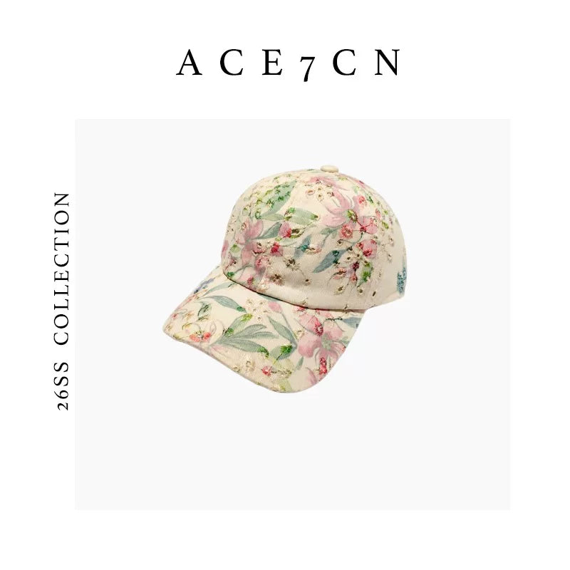 Ink-Floral Embroidered Equestrian Cap — ACE7CN