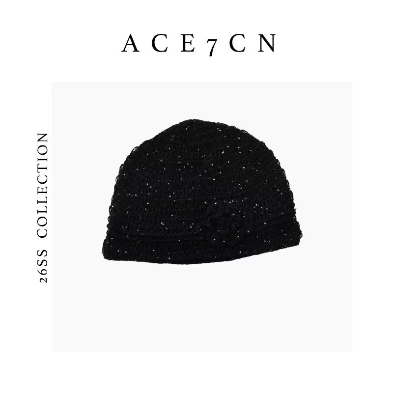 Crochet-Flower Glitter Knit Beanie — ACE7CN