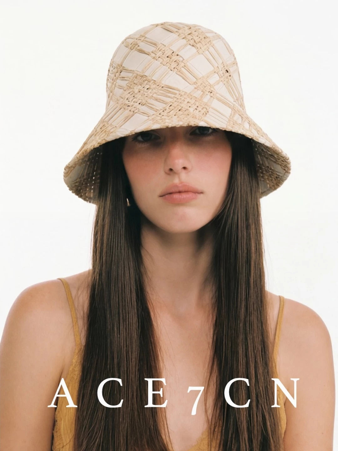 Plaid Color-Block Raffia Lampshade Hat — ACE7CN