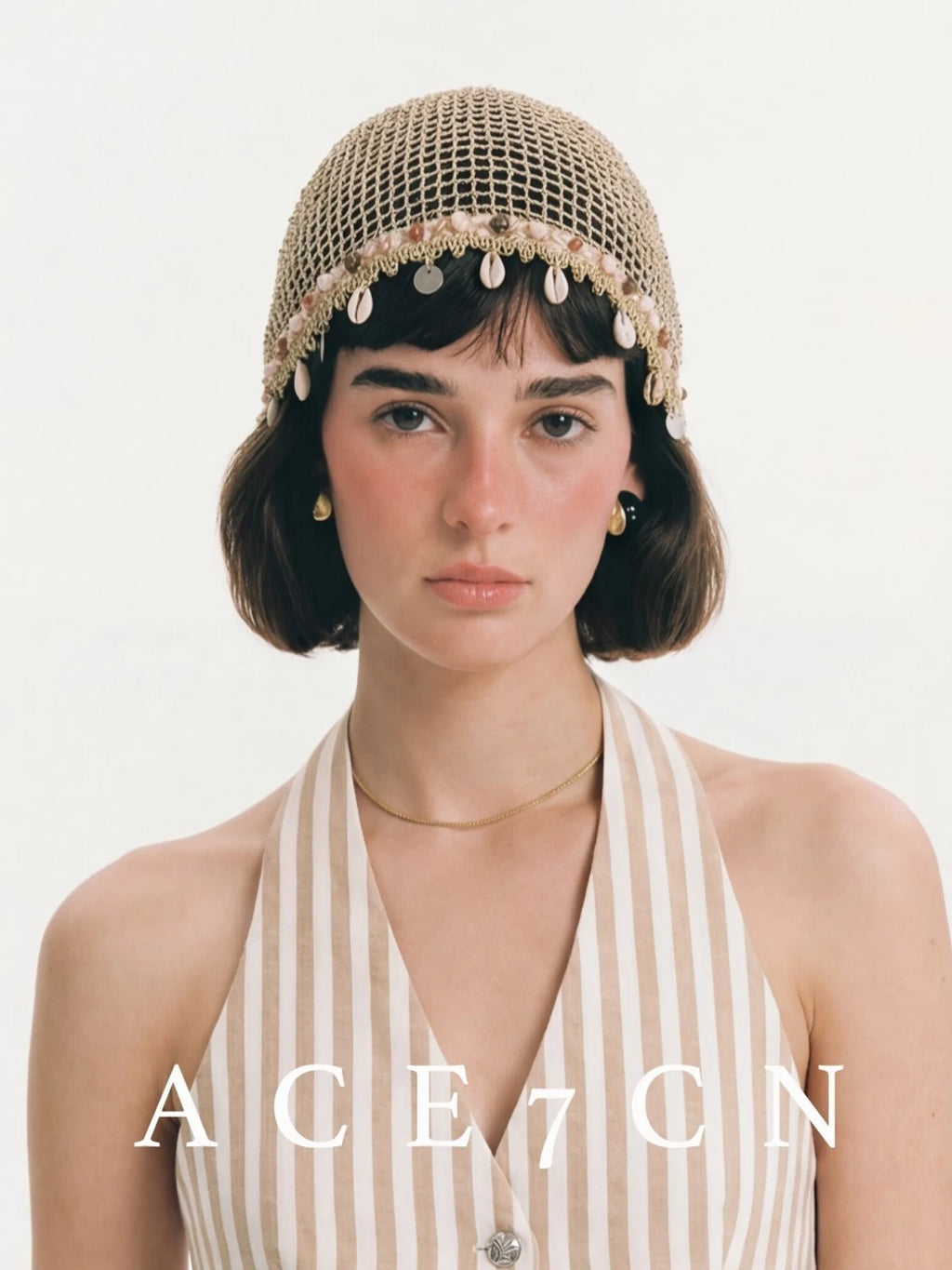 Shell-Pendant Openwork Head Scarf Hat — ACE7CN