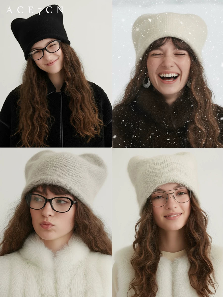 Monochrome Cat-Ear Angora Ear-Flap Beanie — ACE7CN
