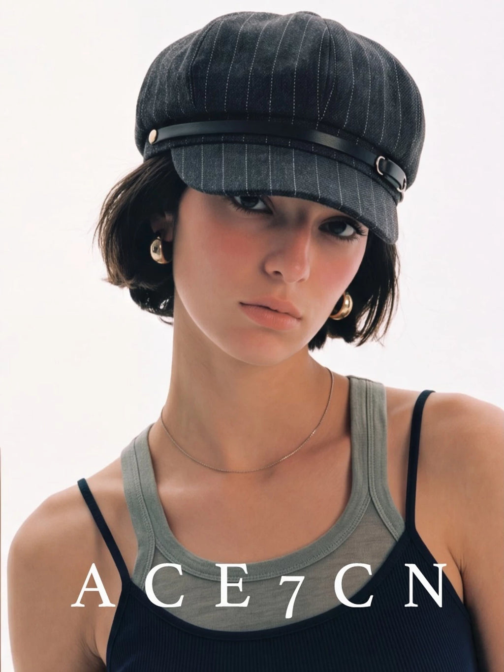 Leather-Buckle Striped Newsboy Cap — ACE7CN